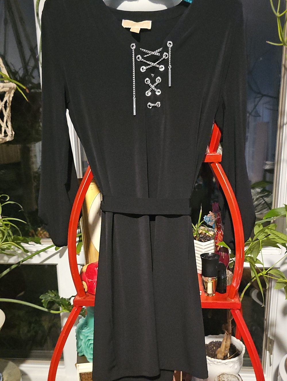 Michael Kors Black Mini Dress Silver Lace-Up Hardware Long Sleeve Small